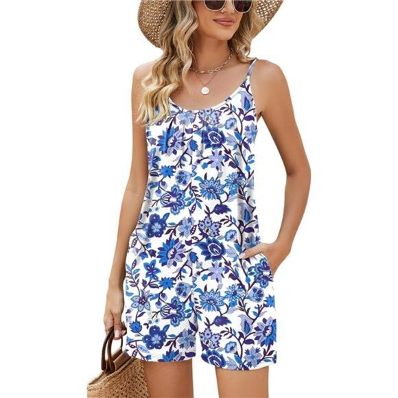 Womens Casual Summer Sleeveless Shorts Jumpsuits White Blue Floral - Picture 1 of 2